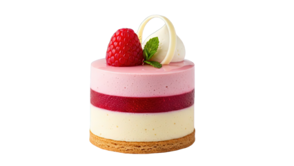 A layered mousse cake with raspberry topping and white chocolate decoration on a plain white background for food