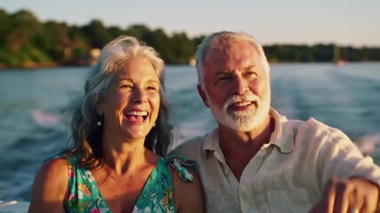 Couple laughing on a boat, with trees and water in background in warm light