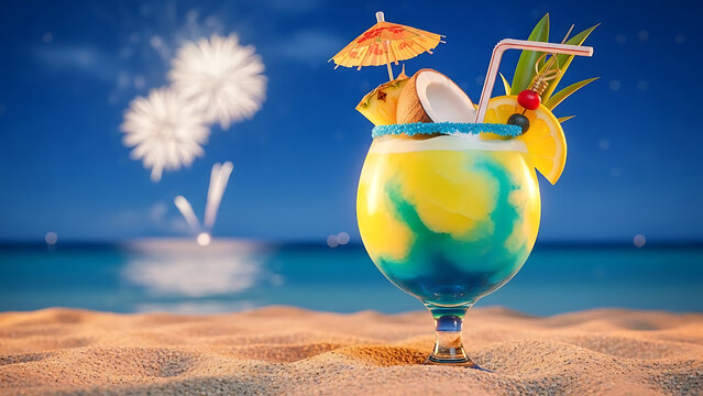 Vibrant tropical cocktail with an umbrella and fruit garnish, set against a stunning beach backdrop illuminated by celebratory fireworks at dusk, perfect for a festive summer evening