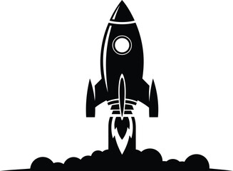 Black silhouette of a rocket launching into space isolated on transparent background vector illustration spacecraft taking off with smoke trail and fire from engine future exploration mission