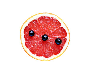 Single sliced ​​grapefruit wallpaper. Grapefruit with blackcurrant berries. Citrus slices, isolated, artistic modern art, abstract food backgrounds, healthy eating concepts. PNG