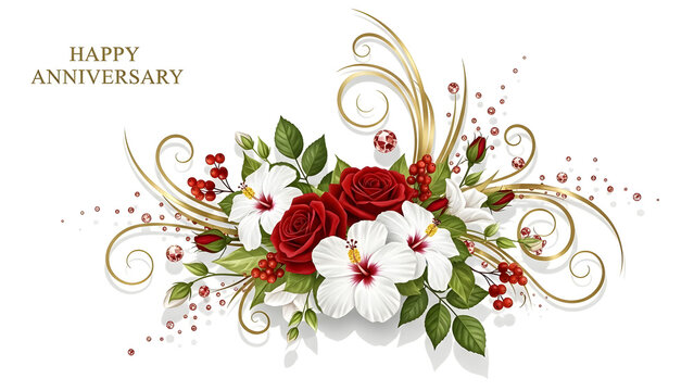Elegant floral arrangement with red roses white hibiscus gold swirls and ruby accents for anniversary