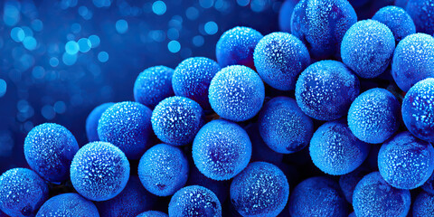 Frozen grape frost blue winter fruit cold closeup cluster background abstract Frozen grape cluster closeup covered with fine frost against soft blue winter background, dreamy cold fruit texture