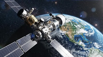 Space satellite in orbit with solar panels and Earth background, technology in space, cosmos exploration concept - Powered by Adobe