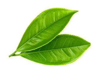 Fresh Green Tea Leaves Closeup Three Leaf Arrangement.