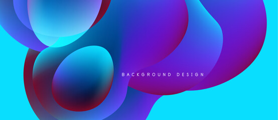 Abstract fluid shapes blend vibrant blues, purples, reds. Dynamic composition creates modern background design. Smooth gradients offer visual interest.
