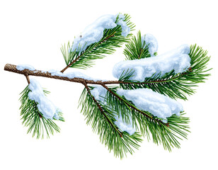 Snow covered pine branch with green needles.