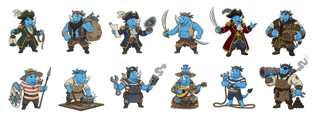 Complete Pirate Rhinoceros Crew Design Kit. Including Captain, Cook, Artist, and Treasure Hunter. © 99VectorS