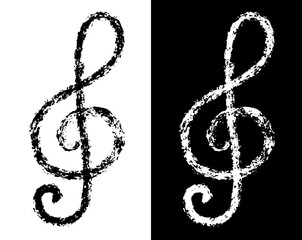 Fototapeta premium Treble clef icons drawn with chalk in sketch style. Black and white childish musical symbol.