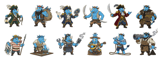 Complete Pirate Rhinoceros Crew Design Kit. Including Captain, Cook, Artist, and Treasure Hunter. © 99VectorS