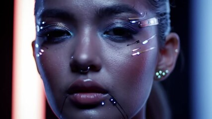 Close-up of a woman's face with futuristic cybernetic augmentations under blue lighting and intense makeup artistry