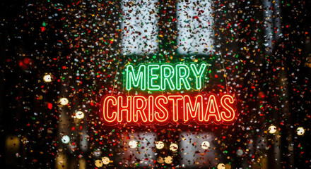 A vibrant neon sign displaying "Merry Christmas" glows brightly amidst falling confetti and blurred city lights.