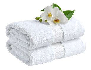 Stacked White Towels with Jasmine Flower Accent.