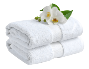 Stacked White Towels with Jasmine Flower Accent.