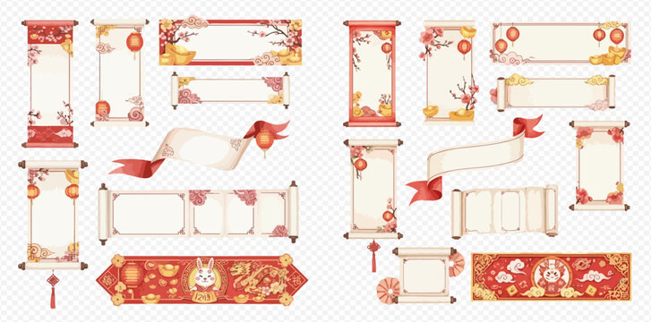 Set of traditional Chinese New Year scroll banners with festive decorations and rabbit motifs.