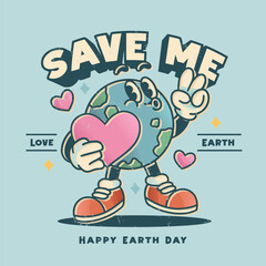 Earth Day Save Me Retro Mascot Illustration with Peace Sign and Heart