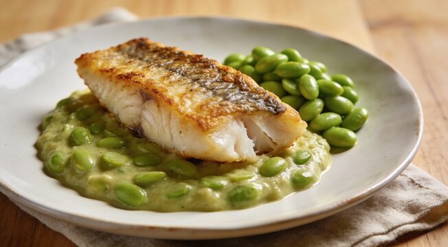 Pan fried ocean perch with snow peas puree and edamame
