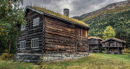 traditional old wooden house in Norway with grass on the roof