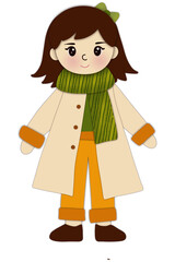 Paper Cut Girl in Cream Coat PNG | Cute Winter Child Illustration | Green Scarf Clipart