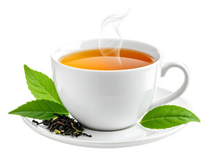 White Ceramic Cup Of Steaming Hot Tea With Leaves.