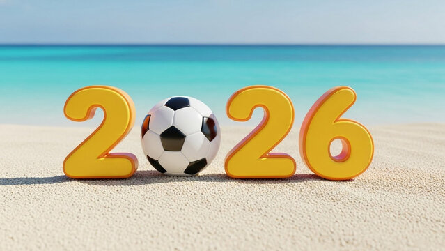 The year 2026 is represented by large golden numbers and a soccer ball on a sandy beach with a turquoise ocean in the background. - Powered by Adobe