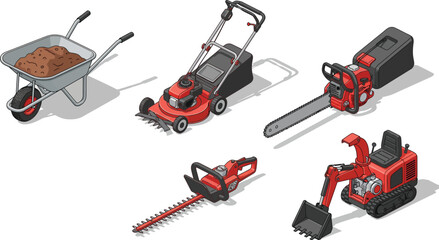 Set of garden and landscaping tools including a wheelbarrow lawnmower chainsaw hedge trimmer and mini excavator flat isometric vector illustration