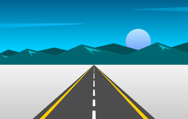 Winter icy road toward mountains at night. Minimalist winter landscape. Symbol of journey, solitude, direction, and travel in cold conditions. Night sky with big moon. Background. Vector illustration