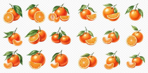 Set of fresh ripe oranges and tangerines with green leaves, whole and sliced, on a transparent background.