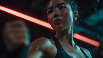 Japanese female boxer doing jump-rope conditioning in a neon-lit city gym. High-energy, focused boxing fitness moment. Asian female athlete, jumping rope, training endurance and condition. Healthy lif