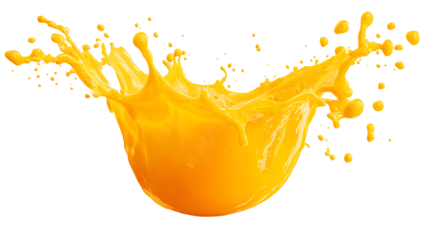 Fresh squeezed orange juice splash with vibrant pulp particles, isolated on pure white background