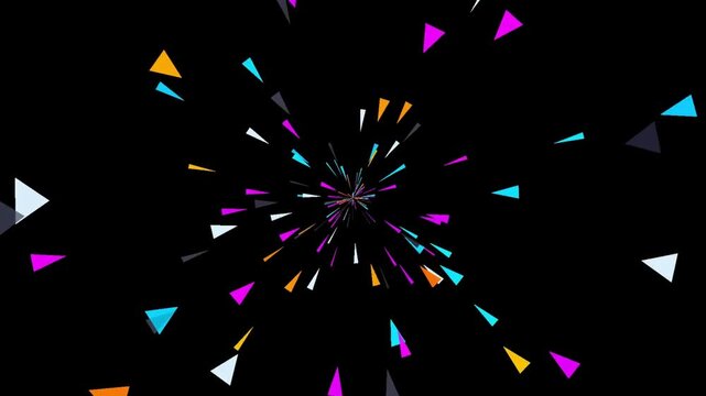 Abstract colorful geometric triangle burst animation on black background featuring neon shapes flying for festive or retro futuristic motion graphics.