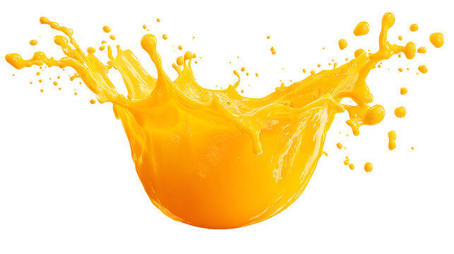 Fresh squeezed orange juice splash with vibrant pulp particles, isolated on pure white background