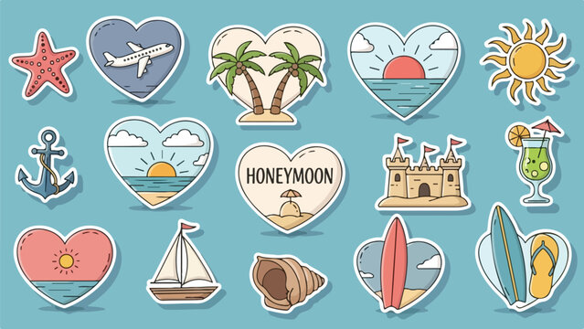 Collection of Travel and Honeymoon Symbols Including Hearts, Beaches, and Boats.