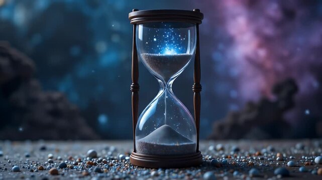 Hourglass with celestial sand on a cosmic background symbolizing time and destiny