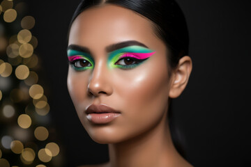 Portrait of a young woman with vibrant neon eye makeup