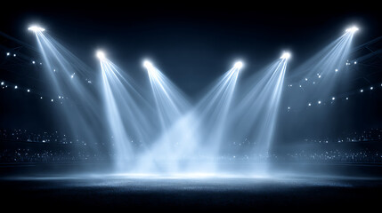 Spotlights crossing and creating a splash of light beams over a dark stadium, isolated on pure white background,