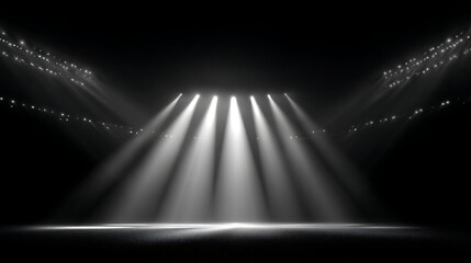 Spotlights crossing and creating a splash of light beams over a dark stadium, isolated on pure white background,