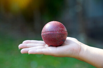 A red leather cricket ball with prominent stitching is held in a person's hand against a blurred green grass background, symbolizing the sport of cricket.