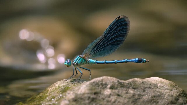 Close-up macro photograph of a vibrant blue dragonfly resting on a mossy rock near a gentle stream