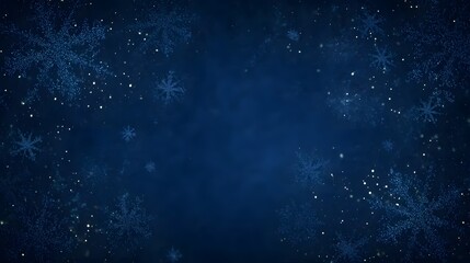 Deep-sky gradient night: drifting snowflakes, shimmering stars & delicate lights weave mysterious dark-blue texture, large blank center for text, perfect for Christmas