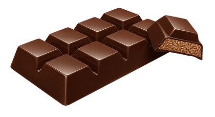 Fototapeta premium A piece of milk chocolate bar broken to show its porous inside texture isolated on a white transparent background 
