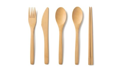 Eco-friendly Culinary Collection: A captivating arrangement of sustainable wooden utensils. This collection showcases a fork, a knife, two spoons, and a set of chopsticks.