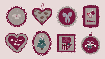 A charming set of cute Christmas icons framed in decorative shapes. Includes festive holiday elements such as ornaments, stars, hearts, bows, winter symbols, and cozy seasonal details. Perfect for Chr