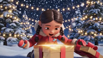 A Girl's Christmas Surprise: Unveiling the Magic of a Golden Gift Box in Winter