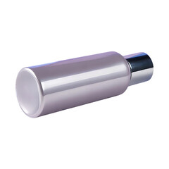 Pearlescent bottle with black text and silver cap cosmetic