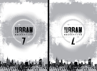 Vector set of banners with space for text on theme urbanism. Grunge street art on the background of geometric architecture, silhouettes of skyscrapers of the big city. T-shirt design. No ai 