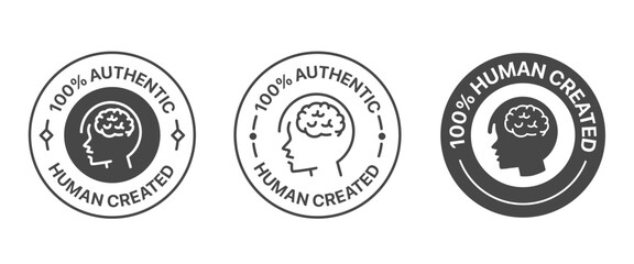Human created badge set. It includes human made, made by human, No AI used, logo, sign, symbol and sticker