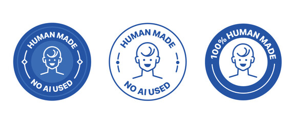 Human made badge set. It includes No AI used, made by human, logo, sign, symbol and sticker