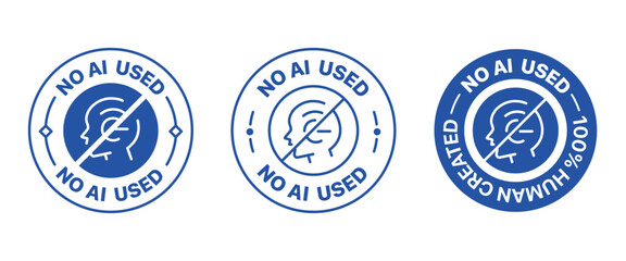 No AI used badge set. It includes human made, made by human, logo, sign, symbol and sticker