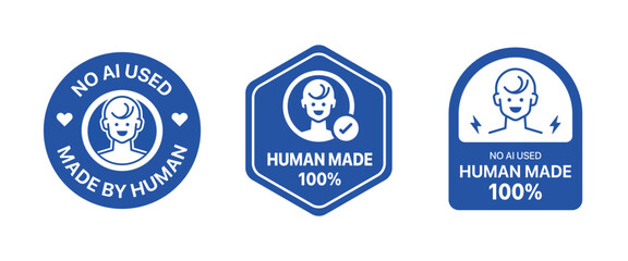 Made by human badge set. It includes human made, No AI used, logo, sign, symbol and sticker